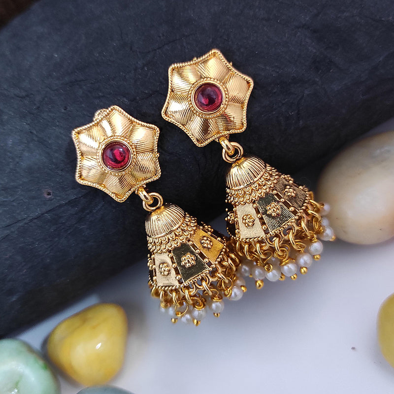 Raj Creations Gold Plated Pota Stone Pearl Jhumki Earrings