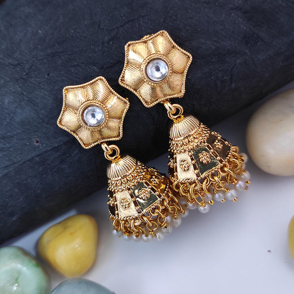 Raj Creations Gold Plated Pota Stone Pearl Jhumki Earrings