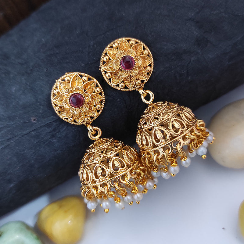 Raj Creations Gold Plated Pota Stone Pearl Jhumki Earrings