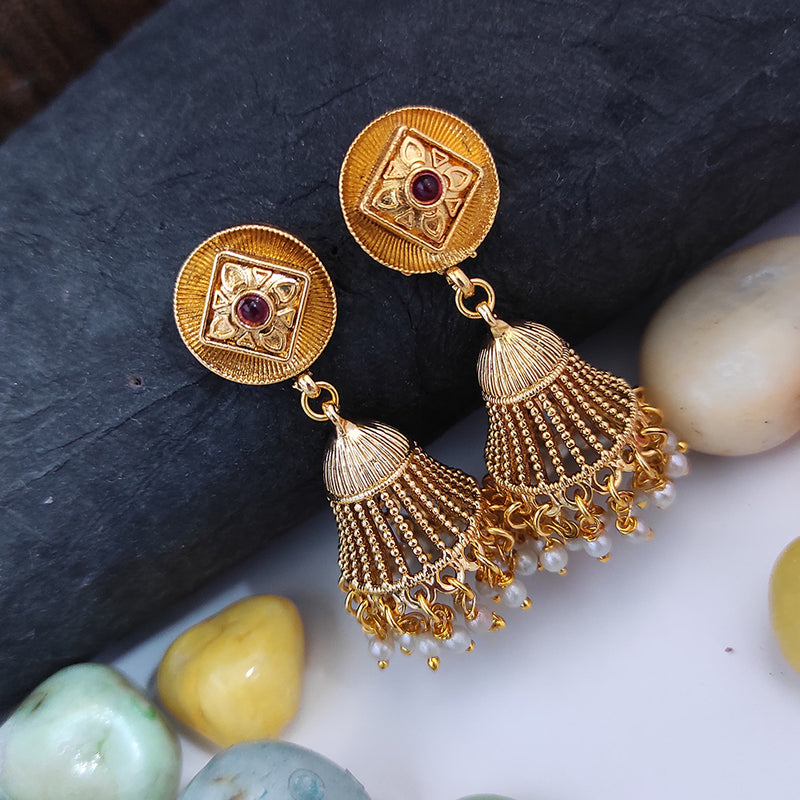 Raj Creations Gold Plated Pota Stone Pearl Jhumki Earrings