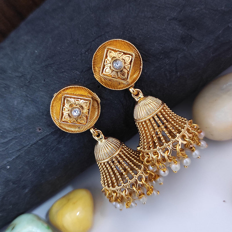 Raj Creations Gold Plated Pota Stone Pearl Jhumki Earrings