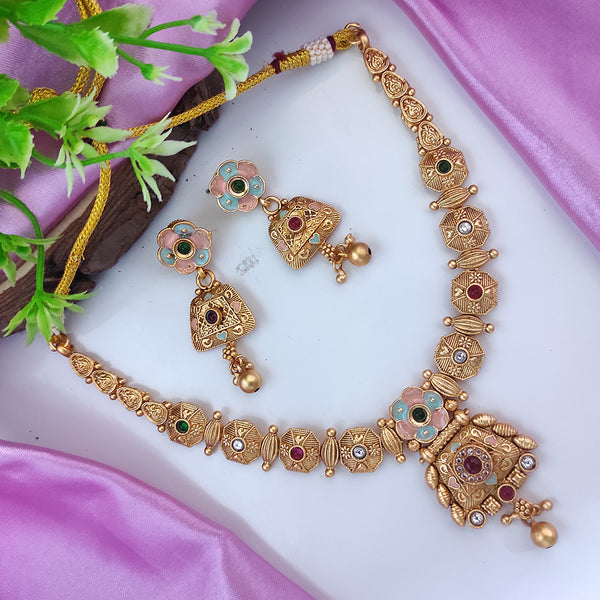 Raj Creations Gold Plated Pota Stone Meenakari Necklace Set