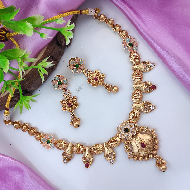 Raj Creations Gold Plated Pota Stone Meenakari Necklace Set