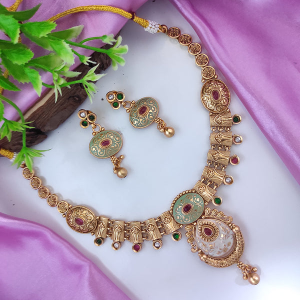 Raj Creations Gold Plated Pota Stone Meenakari Necklace Set