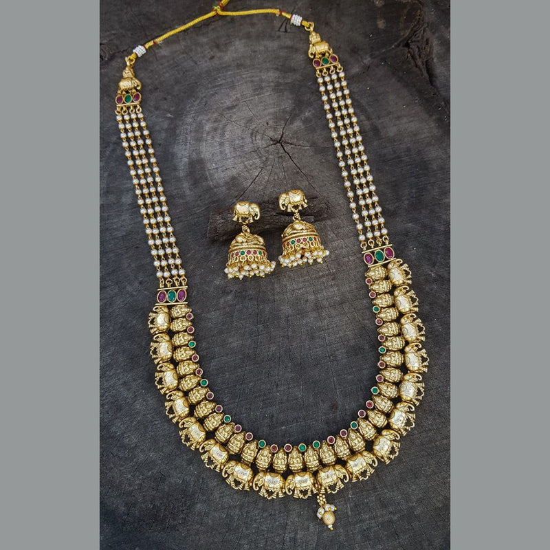 Sangita Creation  Copper Gold  Pota Stone Temple Long  Necklace Set