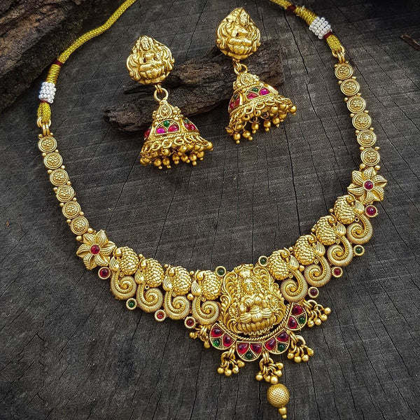 Sangita Creation  Copper Gold  Pota Stone Temple Long  Necklace Set