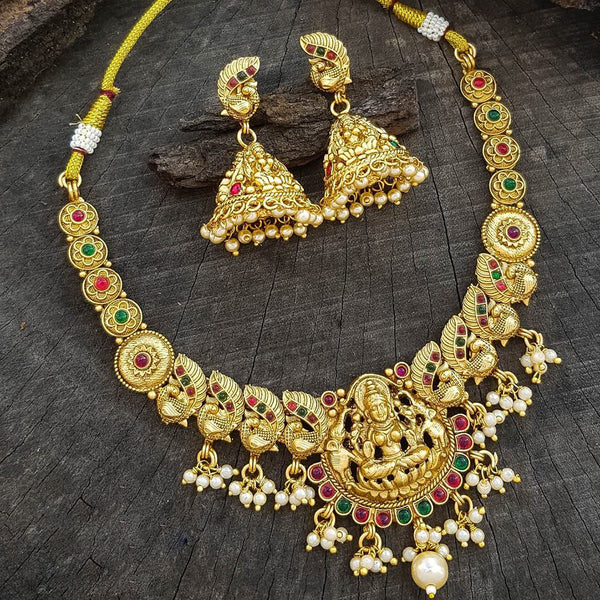 Sangita Creation  Copper Gold  Pota Stone Temple Long  Necklace Set