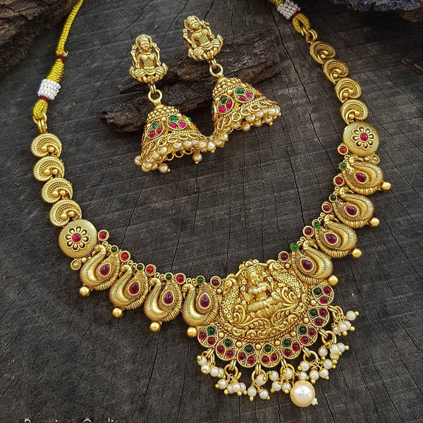 Sangita Creation  Copper Gold  Pota Stone Temple Long  Necklace Set