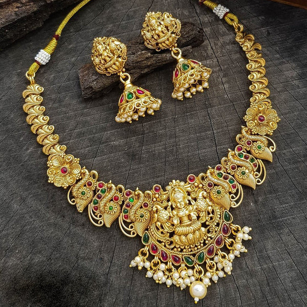 Sangita Creation  Copper Gold  Pota Stone Temple Long  Necklace Set