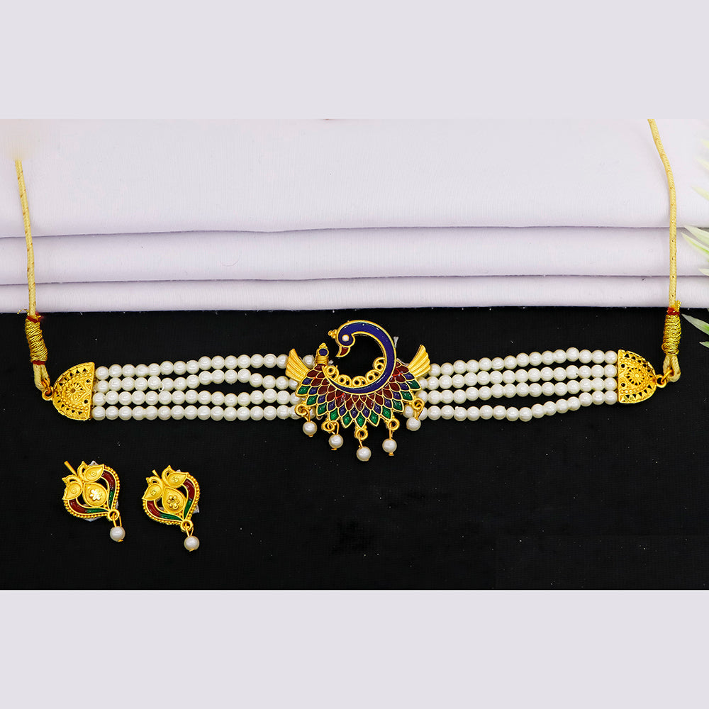 Mahavir Gold Plated Meenakari And Pearl Choker Necklace Set