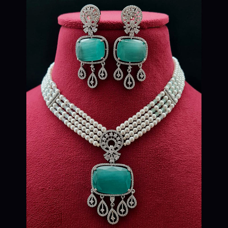 Vivah Creations Silver Plated American Diamond And Pearl Necklace Set