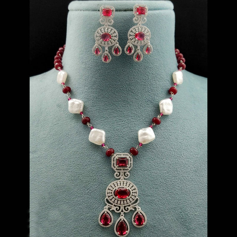 Vivah Creations Silver Plated American Diamond And Mother Of Pearl  Necklace Set