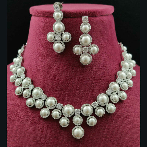 Vivah Creations Silver Plated American Diamond And Pearl Necklace Set