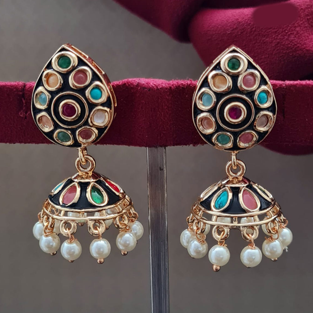 Vivah Creations Gold Plated Polki Kundan Pearls And Meenakari Jhumki Earrings