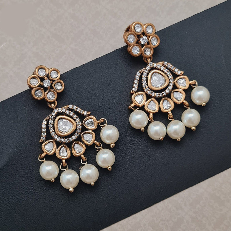 Vivah Creations Gold Plated Polki Kundan And Pearl Dangler Earrings