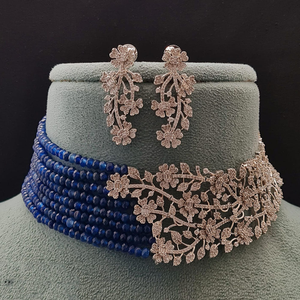 Vivah Creations Floral American Diamond And Pearl Choker Necklace Set