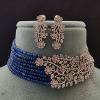 Vivah Creations Floral American Diamond And Pearl Choker Necklace Set