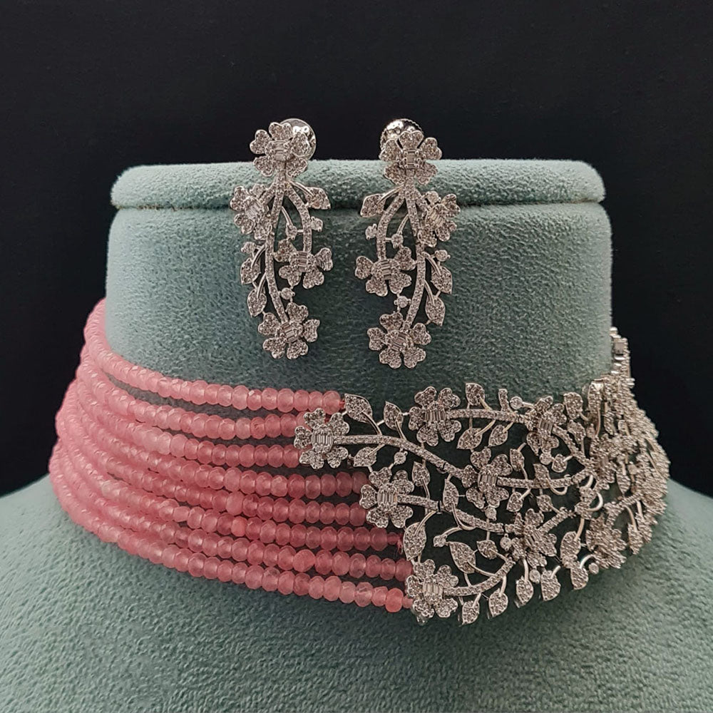 Vivah Creations Floral American Diamond And Pearl Choker Necklace Set