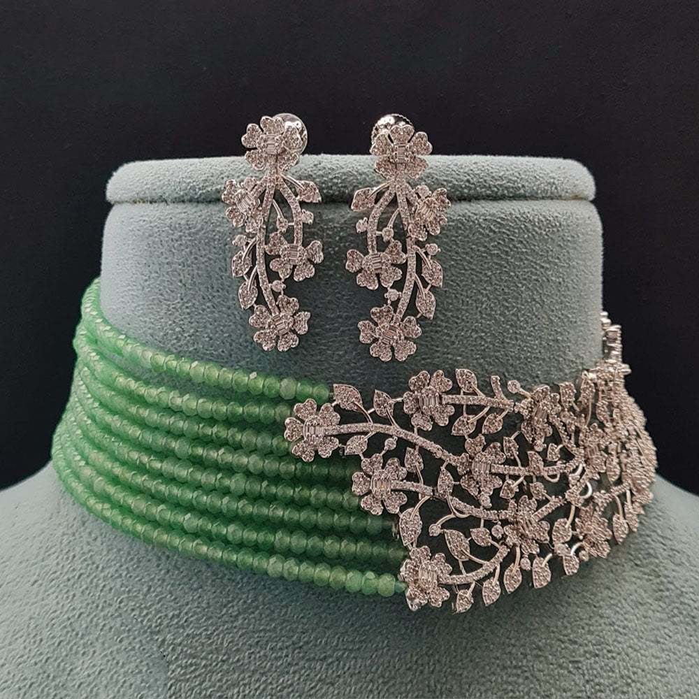 Vivah Creations Floral American Diamond And Pearl Choker Necklace Set