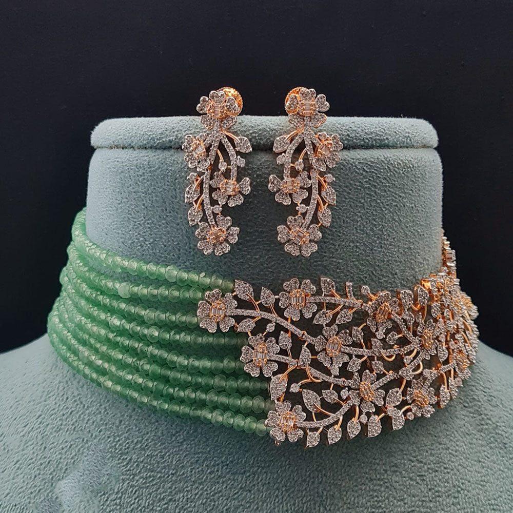 Vivah Creations Floral American Diamond And Pearl Choker Necklace Set