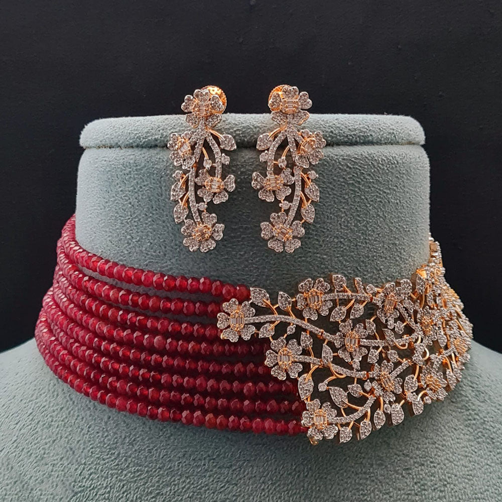 Vivah Creations Floral American Diamond And Pearl Choker Necklace Set