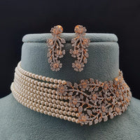 Vivah Creations Floral American Diamond And Pearl Choker Necklace Set