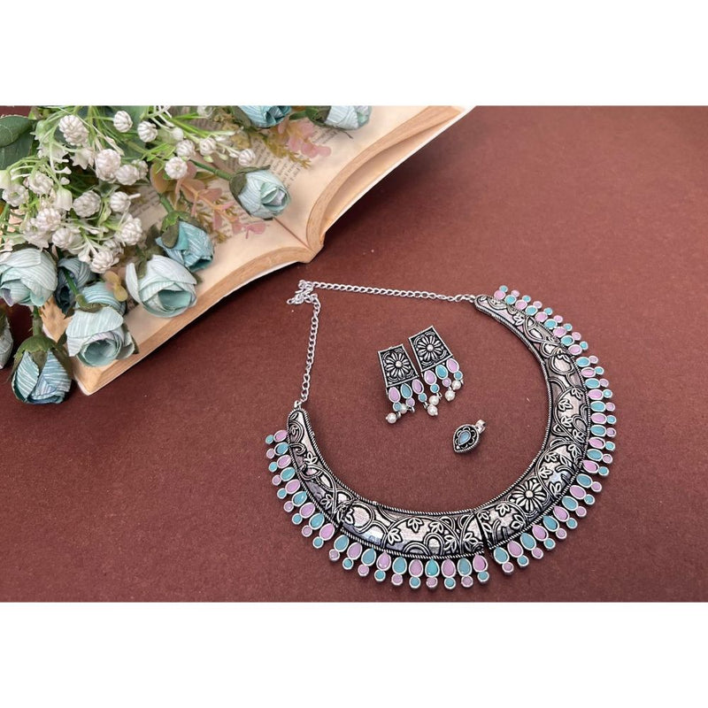 Akruti Collection Oxidised Plated Pota Stone Necklace Set