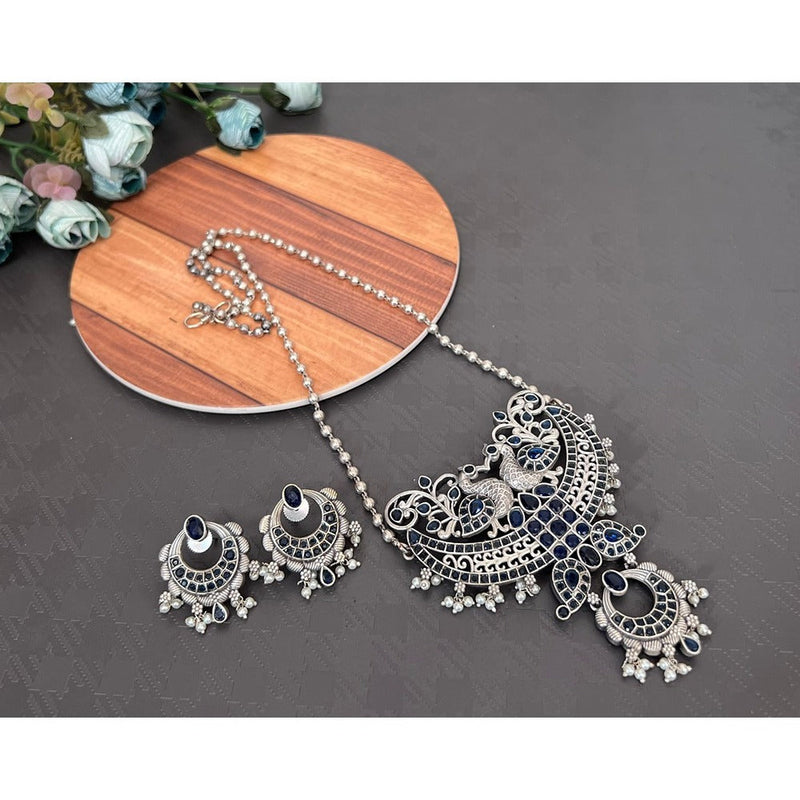 Akruti Collection Oxidised Plated Peacock Long Necklace Set