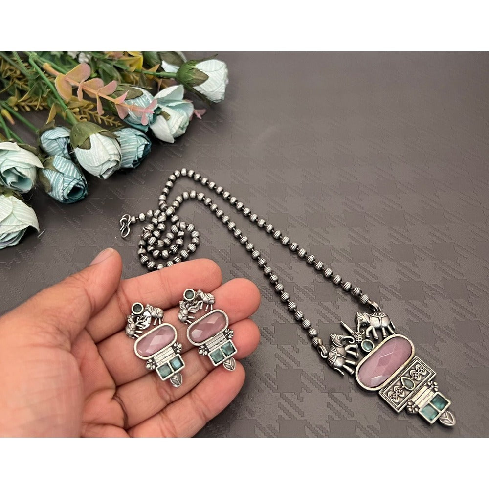 Akruti Collection Oxidised Plated Pota Stone Long Necklace Set