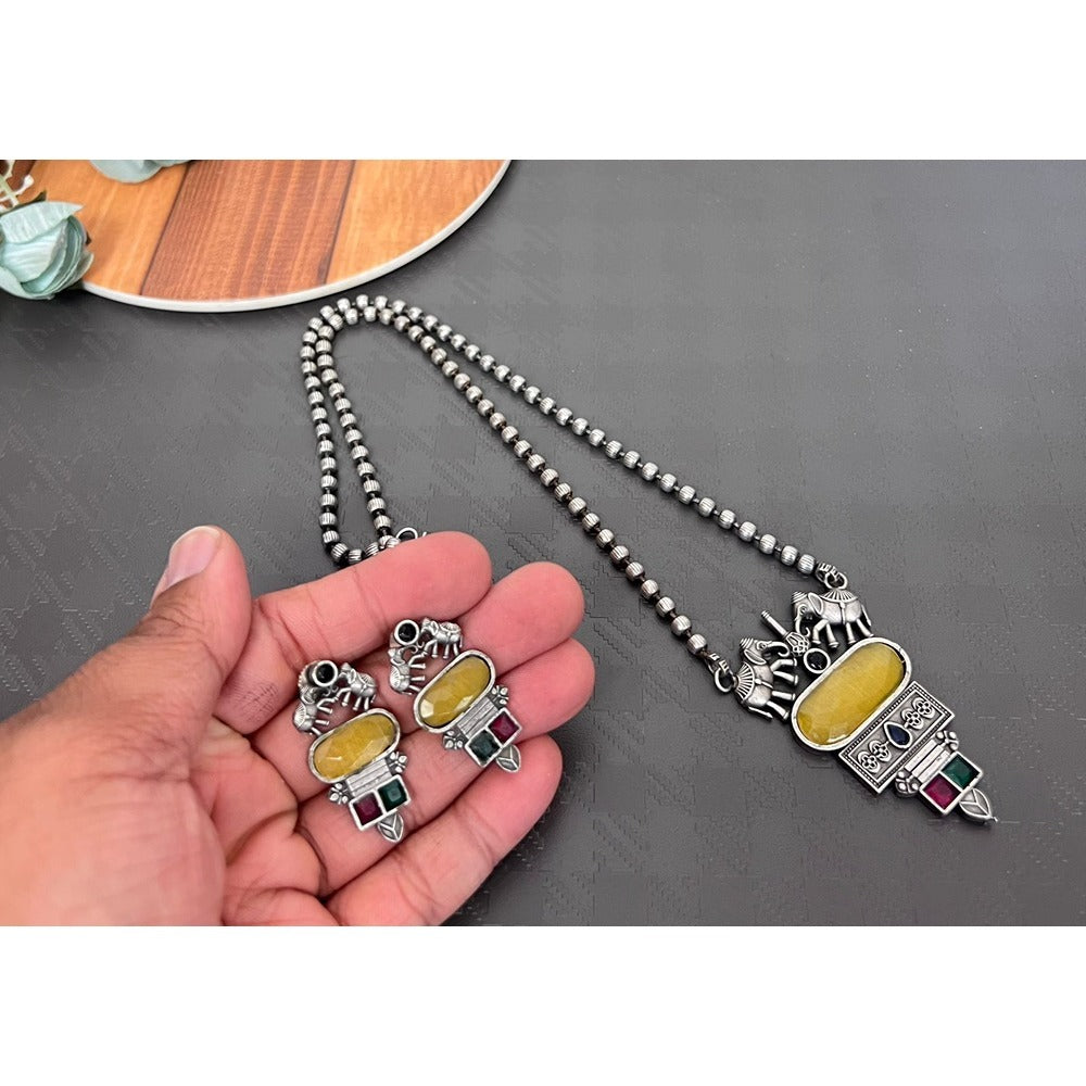 Akruti Collection Oxidised Plated Pota Stone Long Necklace Set