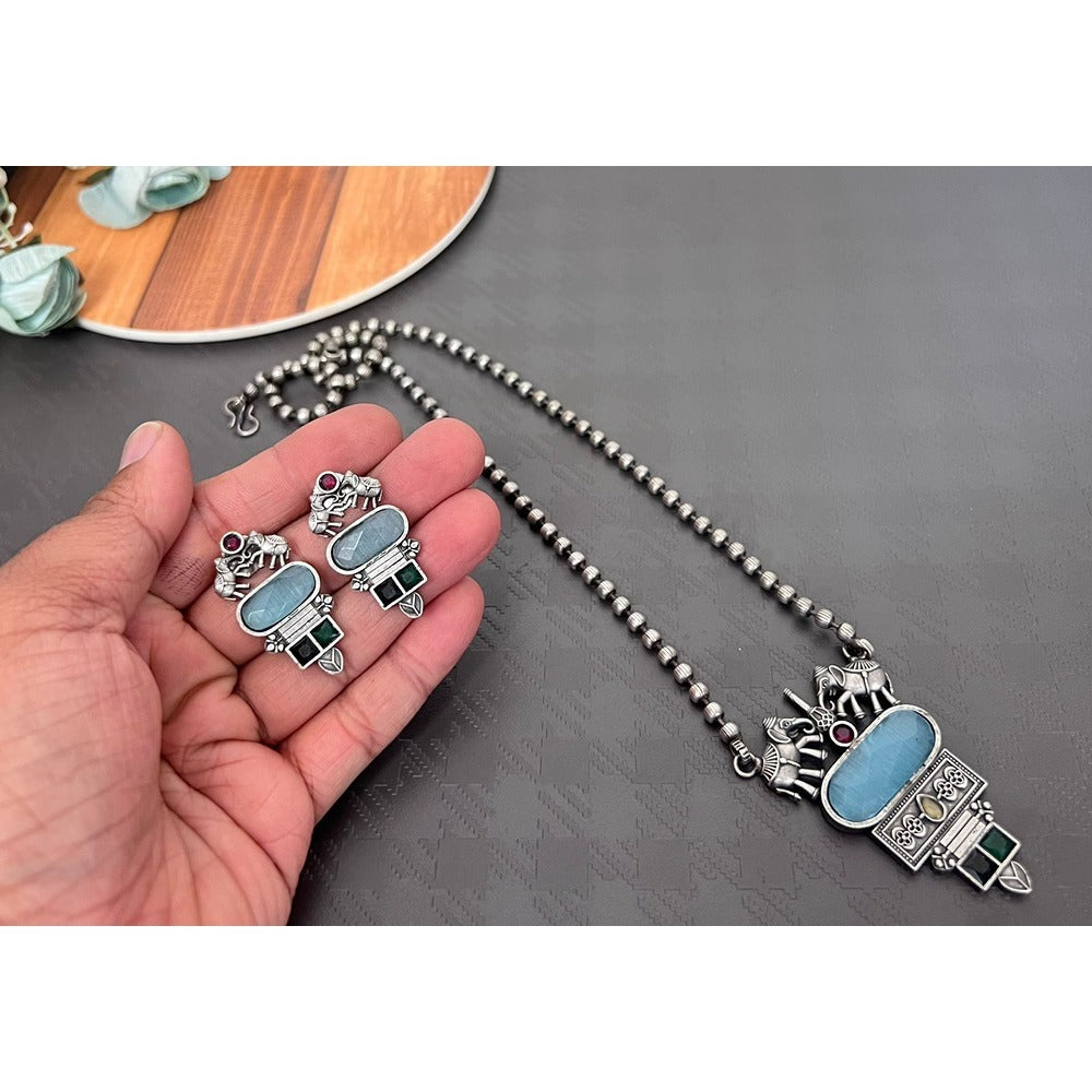 Akruti Collection Oxidised Plated Pota Stone Long Necklace Set