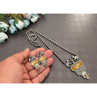 Akruti Collection Oxidised Plated Pota Stone Long Necklace Set