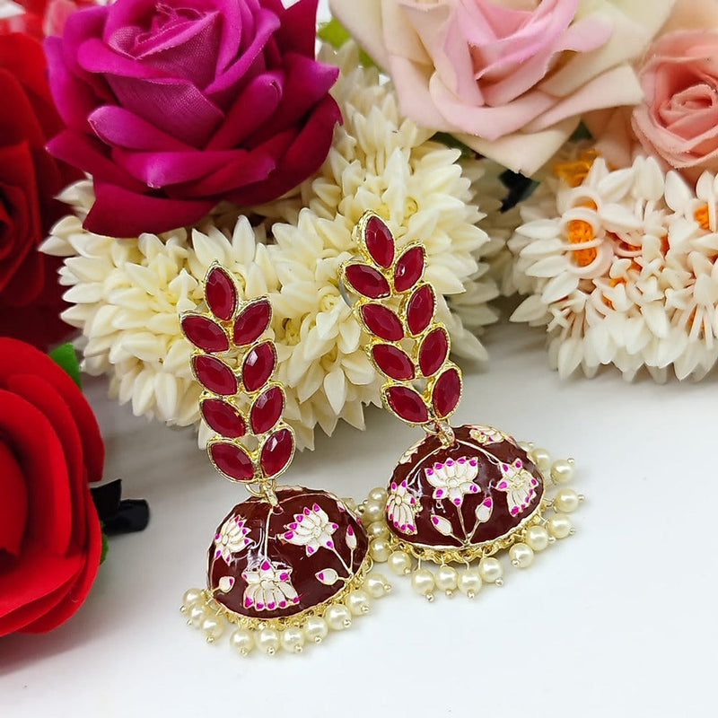 Akruti Collection Gold Plated Pota Stone And Meenakari Jhumki Earrings