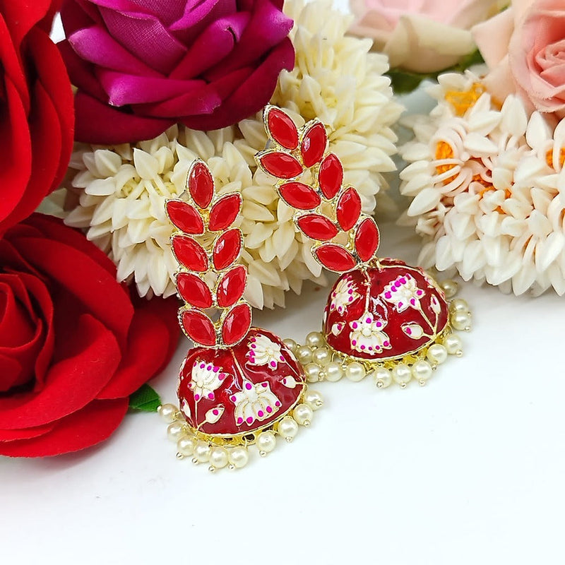 Akruti Collection Gold Plated Pota Stone And Meenakari Jhumki Earrings