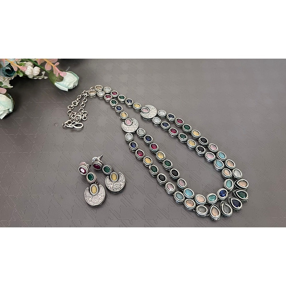 Akruti Collection Oxidised Plated Pota Stone Long Necklace Set