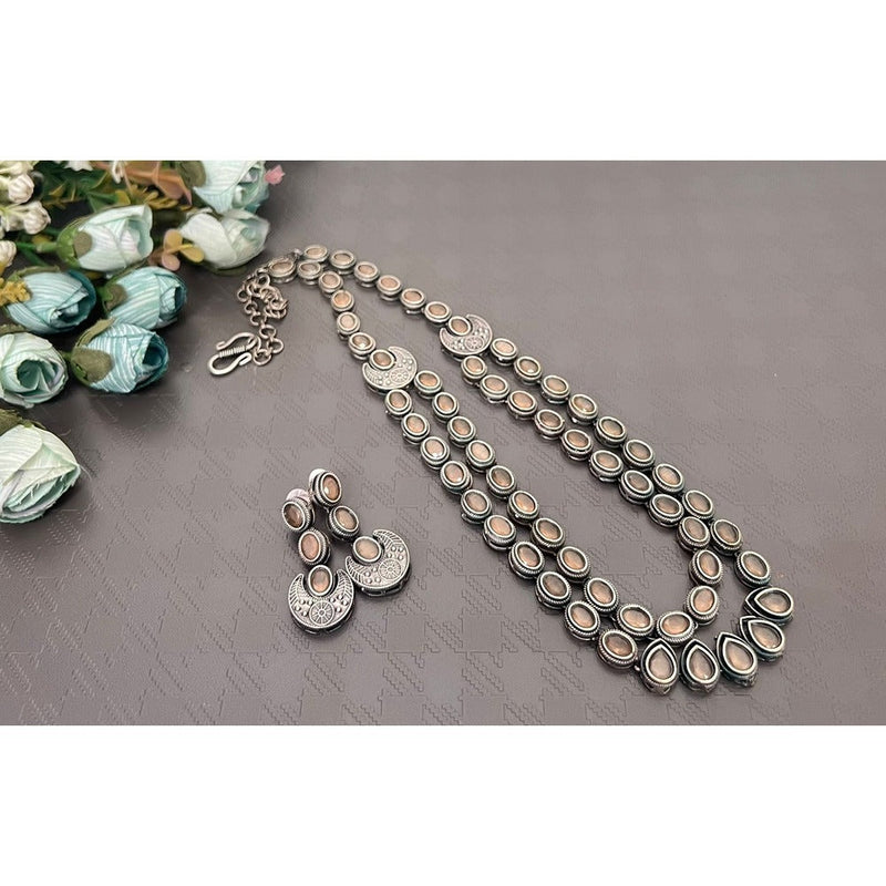 Akruti Collection Oxidised Plated Pota Stone Long Necklace Set