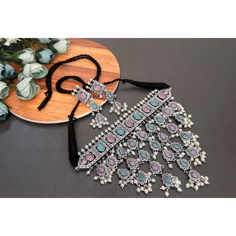 Akruti Collection Oxidised Plated Pota Stone Choker Necklace Set