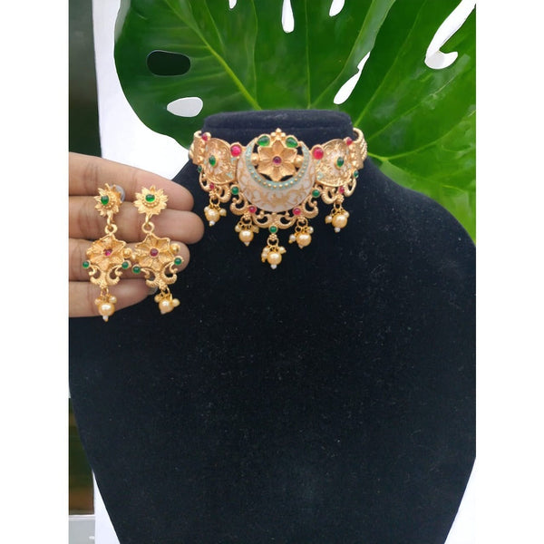 Akruti Collection Gold Plated Kundan Meenakari Choker Necklace Set