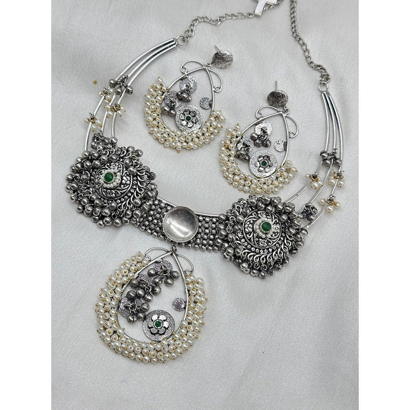 Akruti Collection Oxidised Plated Pota Stone Necklace Set