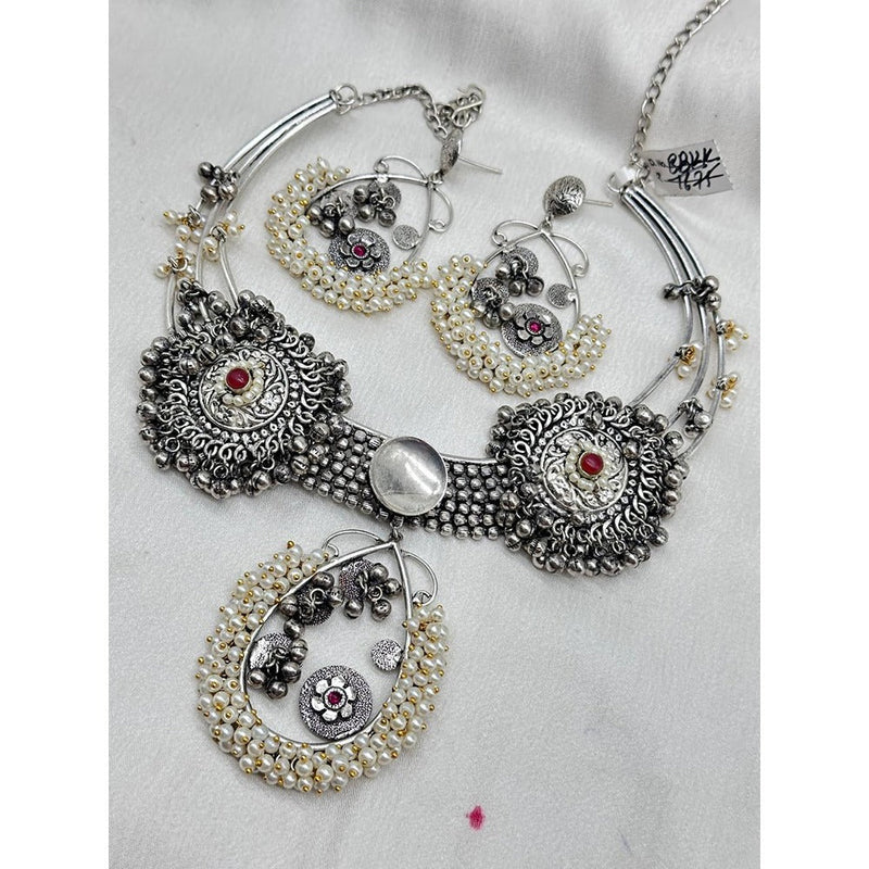 Akruti Collection Oxidised Plated Pota Stone Necklace Set