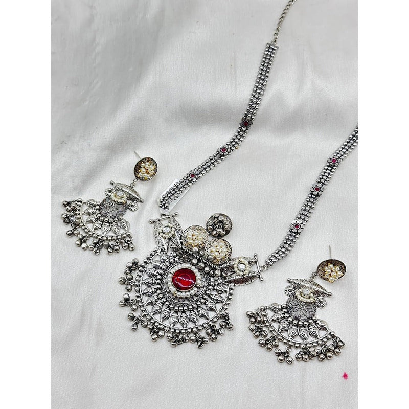 Akruti Collection Oxidised Plated Pota Stone Necklace Set