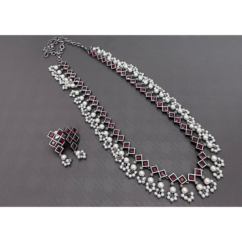 Akruti Collection Oxidised Plated Pearl And Pota Stone Long Necklace Set