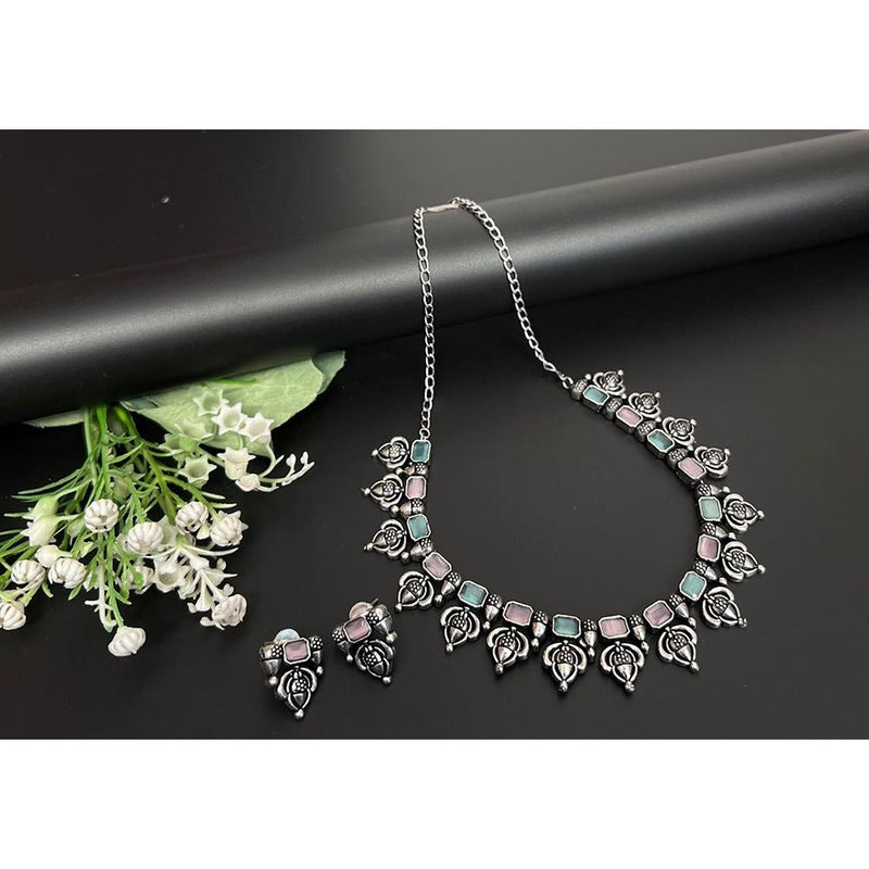 Akruti Collection Oxidised Plated Pota Stone Necklace Set