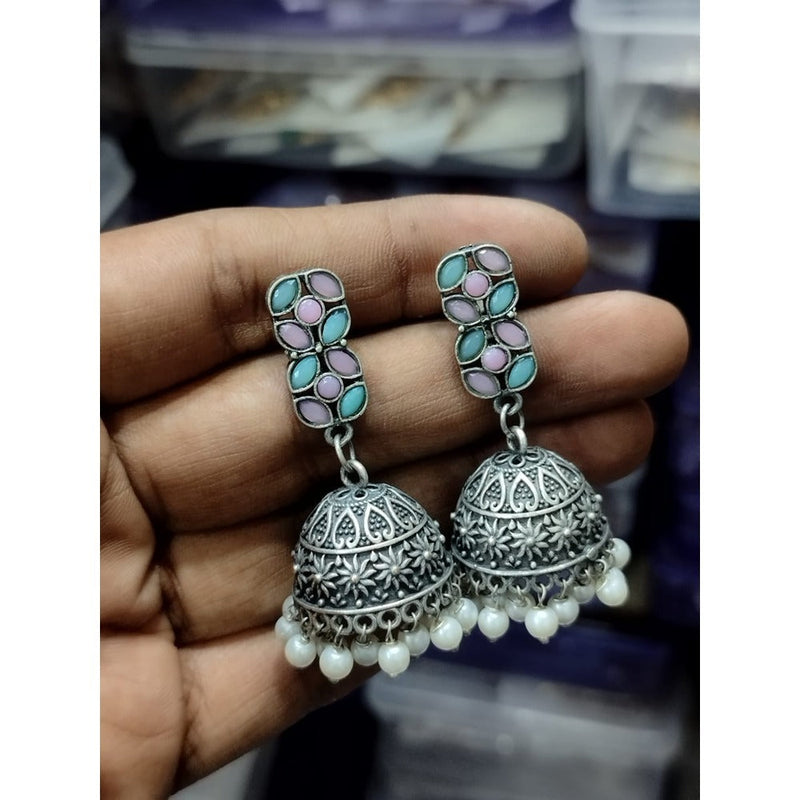 Akruti Collection Oxidised Plated Pota Stone Jhumki Earrings