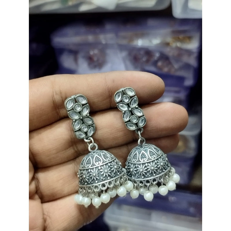 Akruti Collection Oxidised Plated Pota Stone Jhumki Earrings