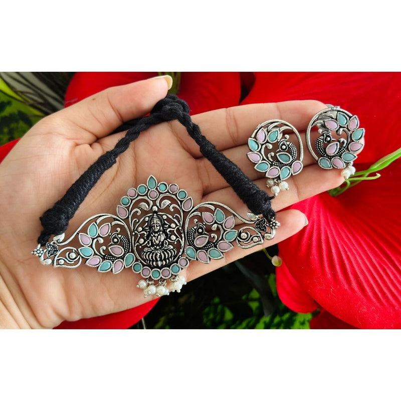 Akruti Collection Oxidised Plated Pota Stone Temple Choker Necklace Set