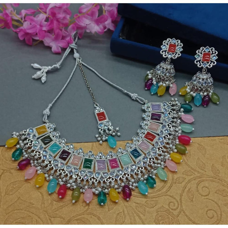 Akruti Collection Silver Plated Crystal Stone And Beads Necklace Set