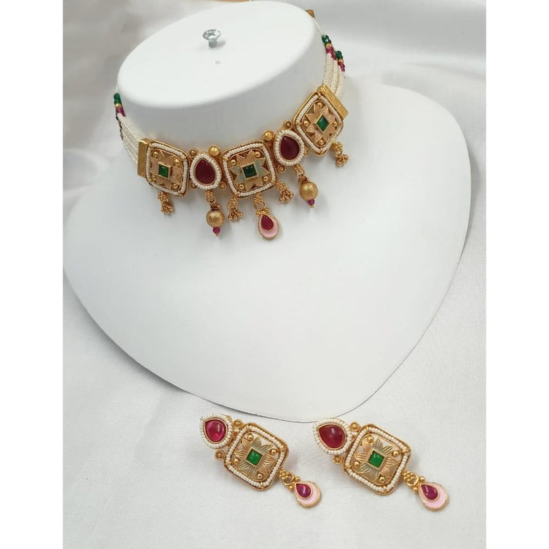 Akruti Collection Gold Plated Kundan Stone And Meenakari Choker Necklace Set