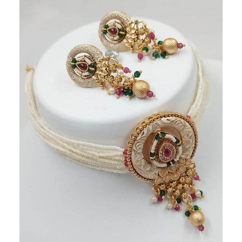 Akruti Collection Gold Plated Meenakari Pearls Choker Necklace Set