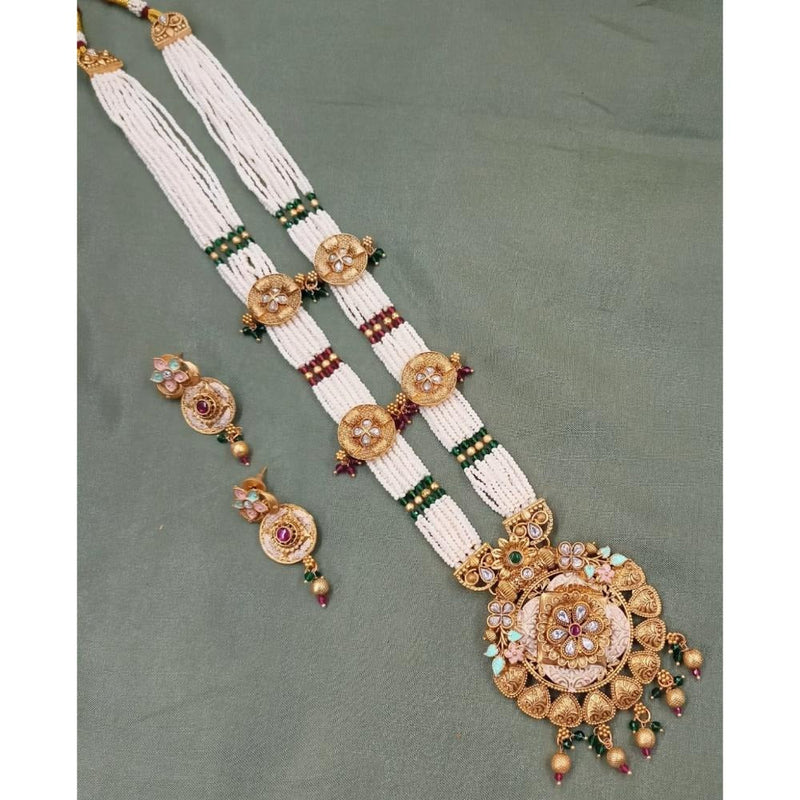 Akruti Collection Gold Plated Kundan Stone Meenakari Pearls Long Necklace Set